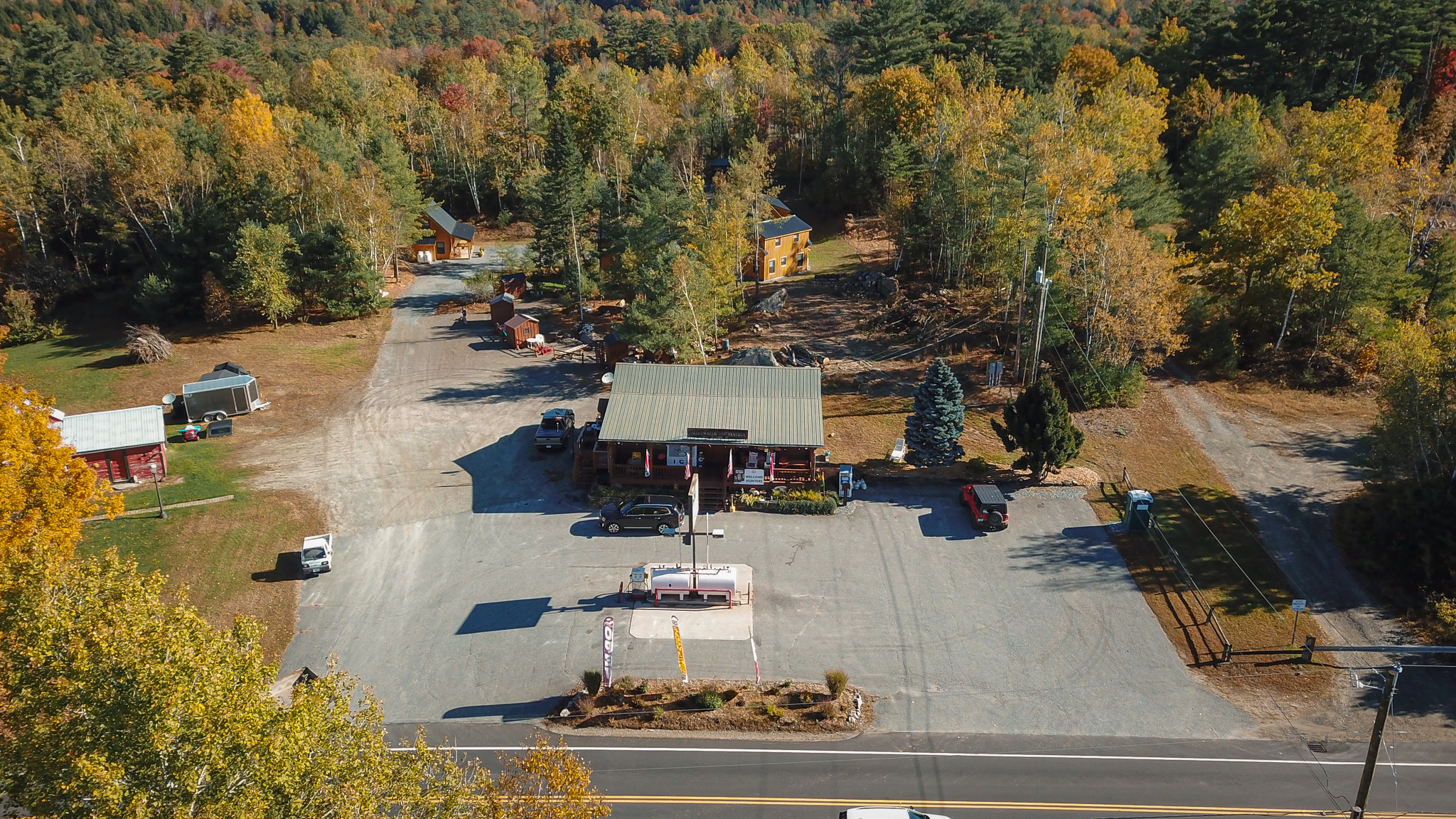 Aerial view of Swiftwater Way Station and cabins on Route 302 in Bath NH