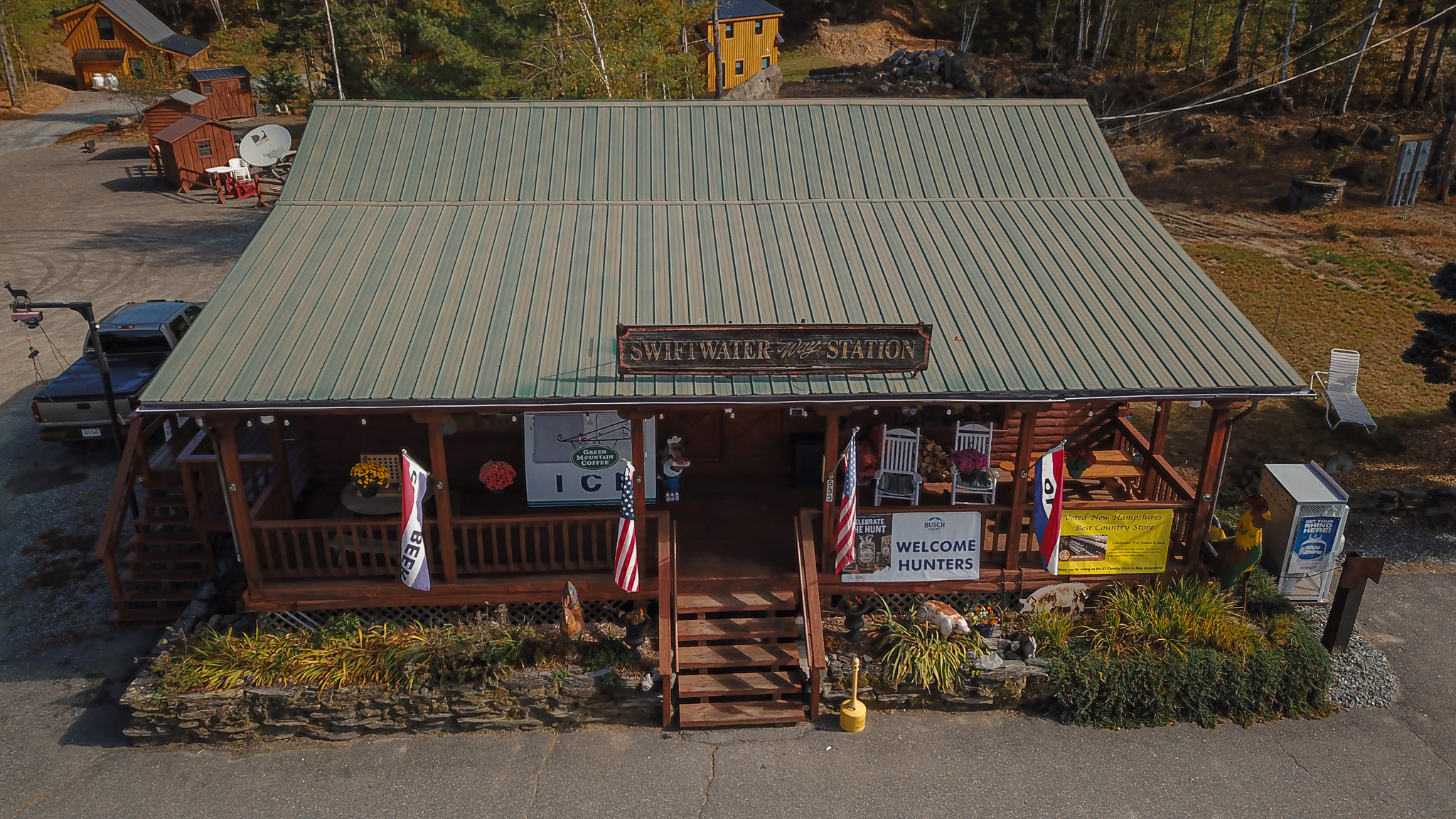 Swiftwater Way Station front porch with Welcome Hunters sign